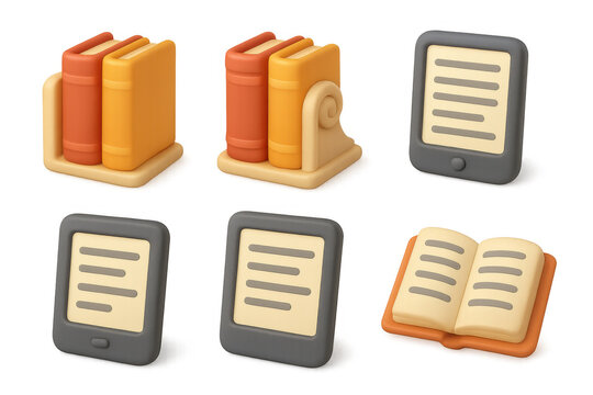 Cartoon reader and book icons set for digital library design and educational projects