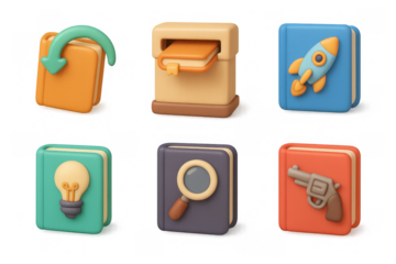 Educational book icons set with creative concepts for learning and exploration