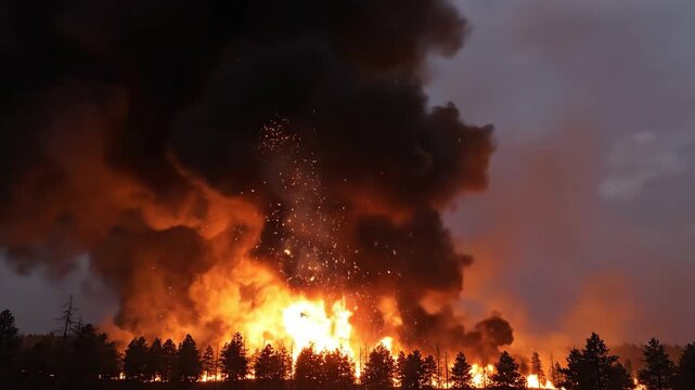 Catastrophic Forest Fire with Massive Explosion and Thick Dark Smoke at Night