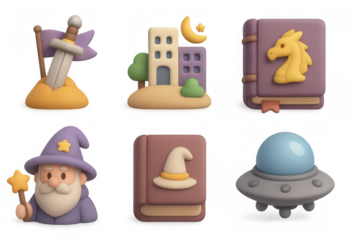 Whimsical fantasy icon set featuring wizard, dragon, and ufo for creative design and decor