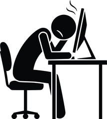 Black and White Vector Icon of Slumped Stick Figure at Desk Representing Burnout and Mental Fatigue
