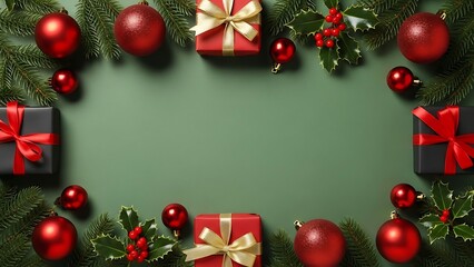 Top view of christmas decorations with red ornaments gifts and pine branches on green background space for text