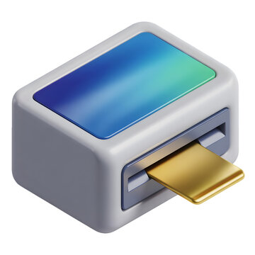 Stylized graphic of a credit card reader with a gold card inserted.