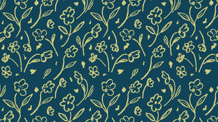 Seamless hand-drawn floral pattern with delicate flowers and leaves on a teal background ideal for textile prints, wallpaper and decor.