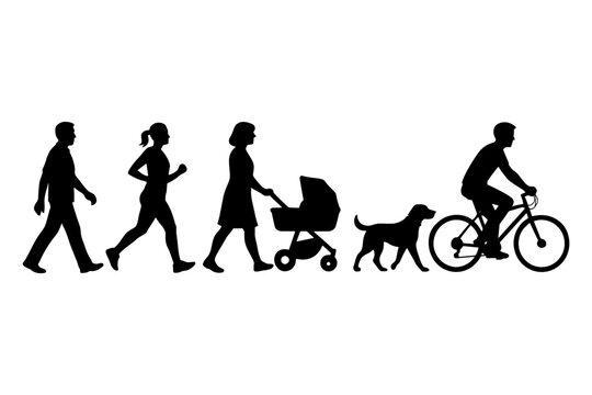 Silhouettes of people walking with dog and pram alongside cyclist.