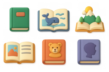 Whimsical cartoon book icons for children's story designs and educational themes