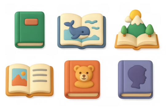 Whimsical cartoon book icons for children's story designs and educational themes - Powered by Adobe