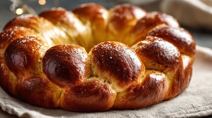 Holiday brioche wreath bread placed on cream linen, wide upper copy area