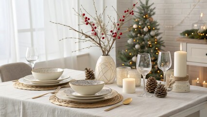 Elegant Holiday Table Setting with Decorative Elements for Festive Dining Experience