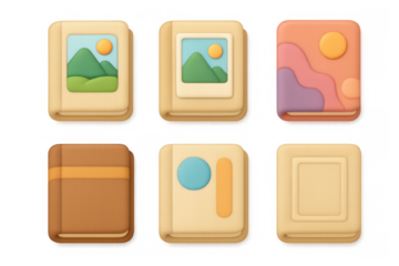 Colorful cartoon icon set of books with abstract designs for creative projects and digital use