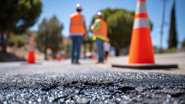 Macro detail of worn asphalt surface mid-repair, small pebbles and tar glistening under sunlight, with neon vests and safety cones visible in soft focus behind