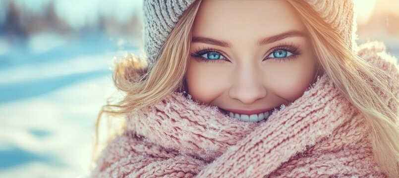 Charming winter portrait of a smiling blonde woman in pink scarf and gray beanie on frosty day