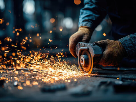 Industrial factory worker's hand working with bokeh fire spark angle grinder on metal tube in a factory.