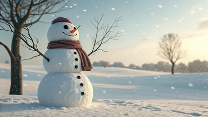 Obraz premium Cheerful Snowman in Snowy Landscape with Trees and Gentle Snowfall During Winter Season