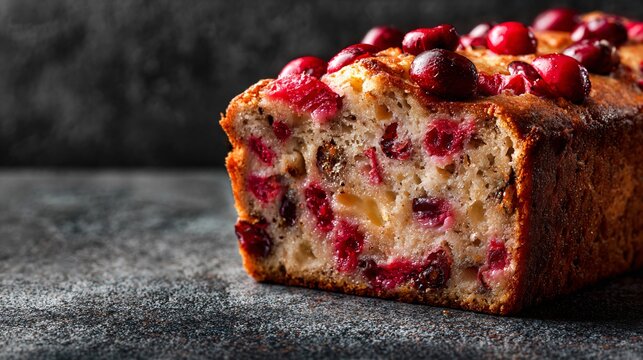 Holiday cranberry loaf on matte stone-grey, minimal spacing with top copy zone