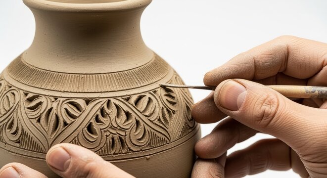 Close up of a skilled artisan meticulously carving intricate patterns onto a