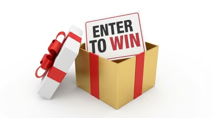 Golden Gift Box With Red Ribbon And Bow Open Revealing Enter To Win Sign White