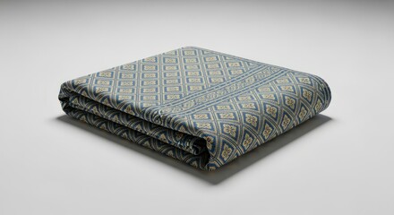 Folded Blanket With Blue And Gold Geometric Pattern Isolated On White