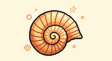 Obraz premium A beautifully detailed pixel art illustration of a spiral ammonite fossil or nautilus shell on a warm beige-colored background.