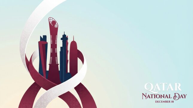 classic desktop wallpaper template for qatar national day illustration template featuring stylised tower silhouette with ribbon shapes on simple pastel background with plenty of empty space