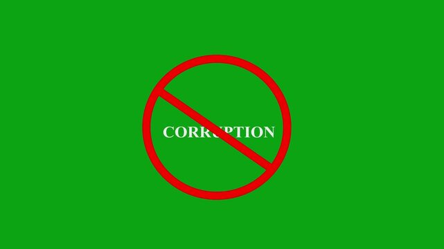 Stop corruption animated text with red prohibition sign on a vibrant green background representing integrity and ethical principles in business and politics