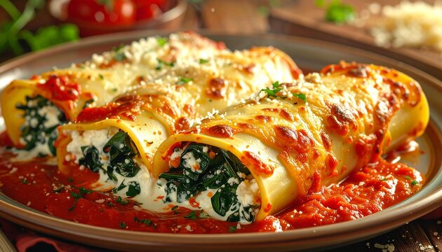 Frisch zubereitete Cannelloni, gef&uuml;llt mit cremiger Ricotta-Spinat-Mischung