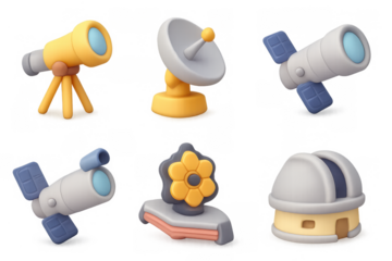 Astronomy icon set featuring telescopes and observatories for educational and design use