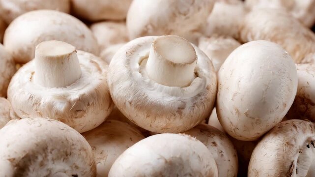 Close Up View of Many White Mushrooms Grouped Together Against a Dark Background in Soft Studio Lighting for Fresh Harvest and Cooking Preparation