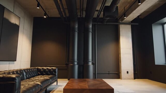Modern Industrial Interior Design with Exposed Pipes and Concrete.