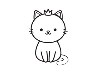 Cute cartoon drawing of a white cat wearing a small crown sitting and looking forward