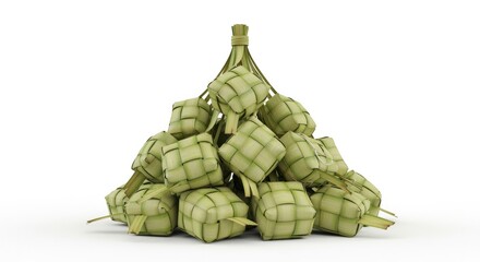 Pile Of Ketupat Rice Cakes Isolated On White Background For Eid Celebration
