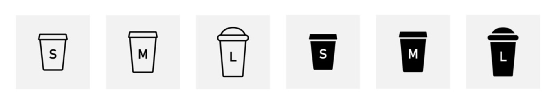 Coffee cup size icon set. Small, medium and large drink containers with minimalist lids vector illustration. Cafe beverage size markers for menus sign. Hot takeaway drink size indicator symbol.