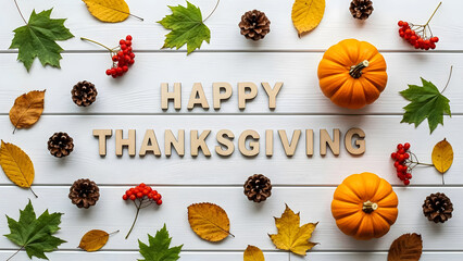 Happy thanksgiving wooden letters with pumpkins and autumn leaves on white wood on transparent background