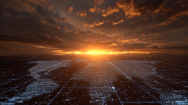 Futuristic digital global network illuminated by a dramatic sunset - Powered by Adobe