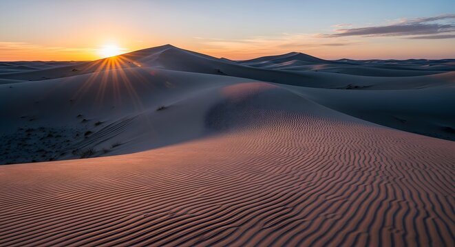 Golden sunset over rippling sand dunes in a desert landscape