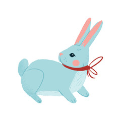 Cute blue cartoon bunny with pink cheeks and a big red bow, drawn in a pencil style. Playful animal illustration for kids’ products, stationery, prints, and baby-themed designs