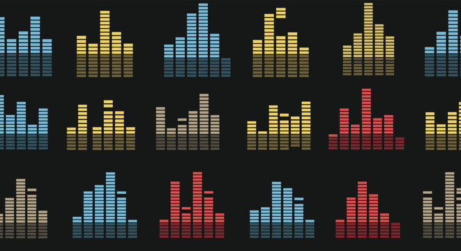 A vibrant seamless pattern of colorful digital audio equalizer bars displaying different sound levels on a dark gray background.