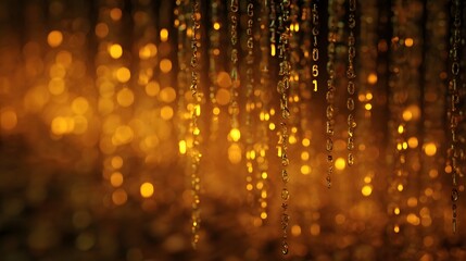Golden digital rain of numbers cascades down through soft luminous bokeh lights representing data flow