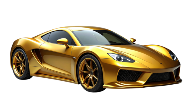 Golden sports car with modern design and aerodynamic curves, perfect for automotive enthusiasts and promotional materials, isolated on transparent background