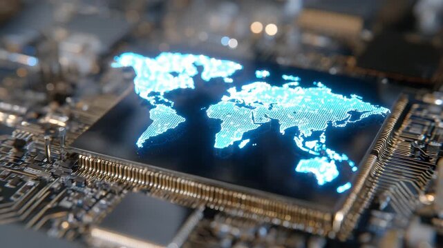 Macro visualization of a semiconductor chip with glowing world map etched into circuitry, reflecting light across metallic pads and micro-components