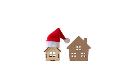 Festive Wooden House Miniatures with Santa Hats Duo Set Isolated on Transparent Background.