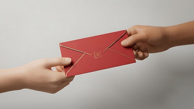 Symbolic exchange of a vibrant red envelope between two hands, conveying a special message or gift angpao
