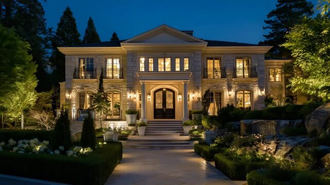 Magnificent luxury house exterior at dusk with grand stone fa&ccedil;ade, multiple glowing windows radiating warm interior light, manicured hedges and garden lighting accentuating the ele