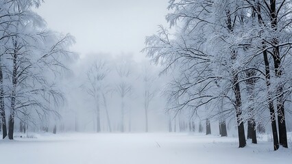 Winter wonderland snow covered trees in a forest landscape on a cold day