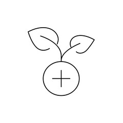 Illustration of a plant sprouting from a circle with a plus sign inside, depicted in a line drawing