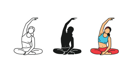 Set of three illustrations showing a woman performing a seated side bend yoga pose variation, line art, silhouette and color