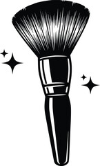 Black and White Vector Icon of Makeup Brush with Sparkles Representing Beauty, Glamour, and Personal Care

