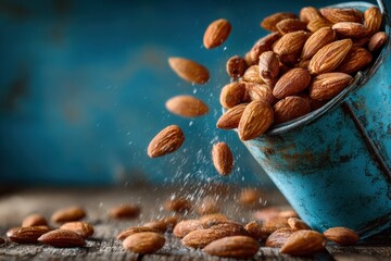 Almonds pouring from blue bucket on wooden table healthy food scene rustic environment close-up view