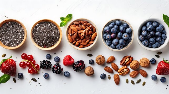 Assortment of healthy superfoods berries nuts and seeds in bowls