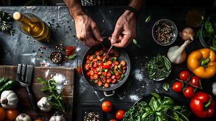 Chef preparing fresh ingredients for a healthy meal in a rustic kitchen
